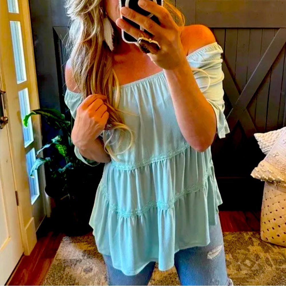 S New Teal Ruffled Sleeve Bohemian Off Shoulder Blouse Top Women's Size SMALL